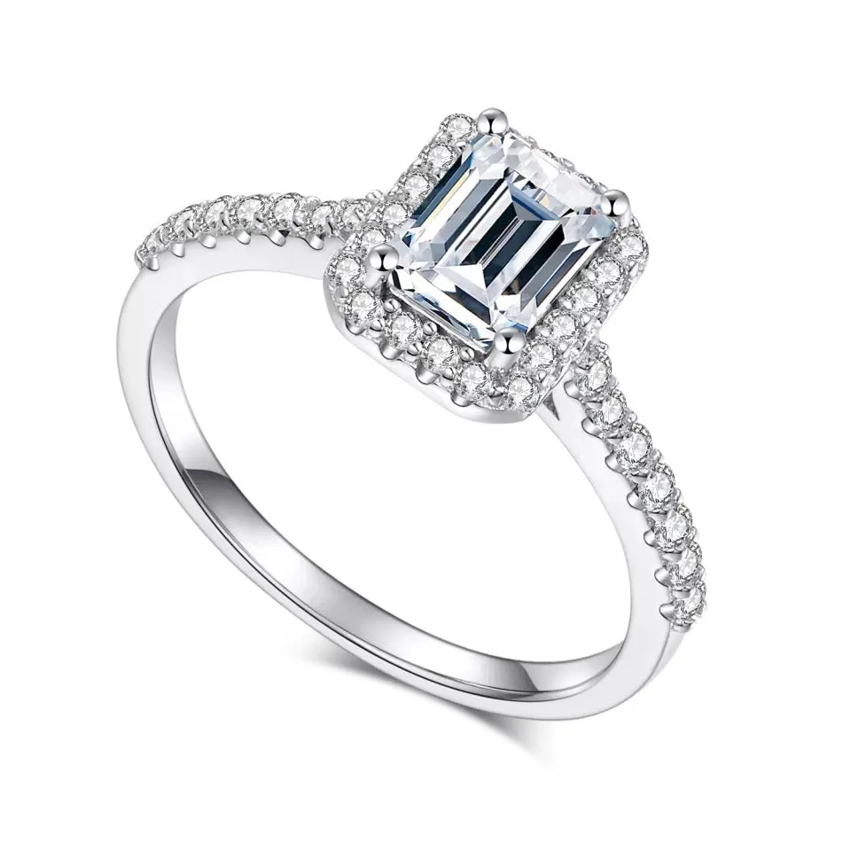 1.0Ct 5*7mm Classic Halo Emerald Cut Moissanite 925 Sterling Silver Ring