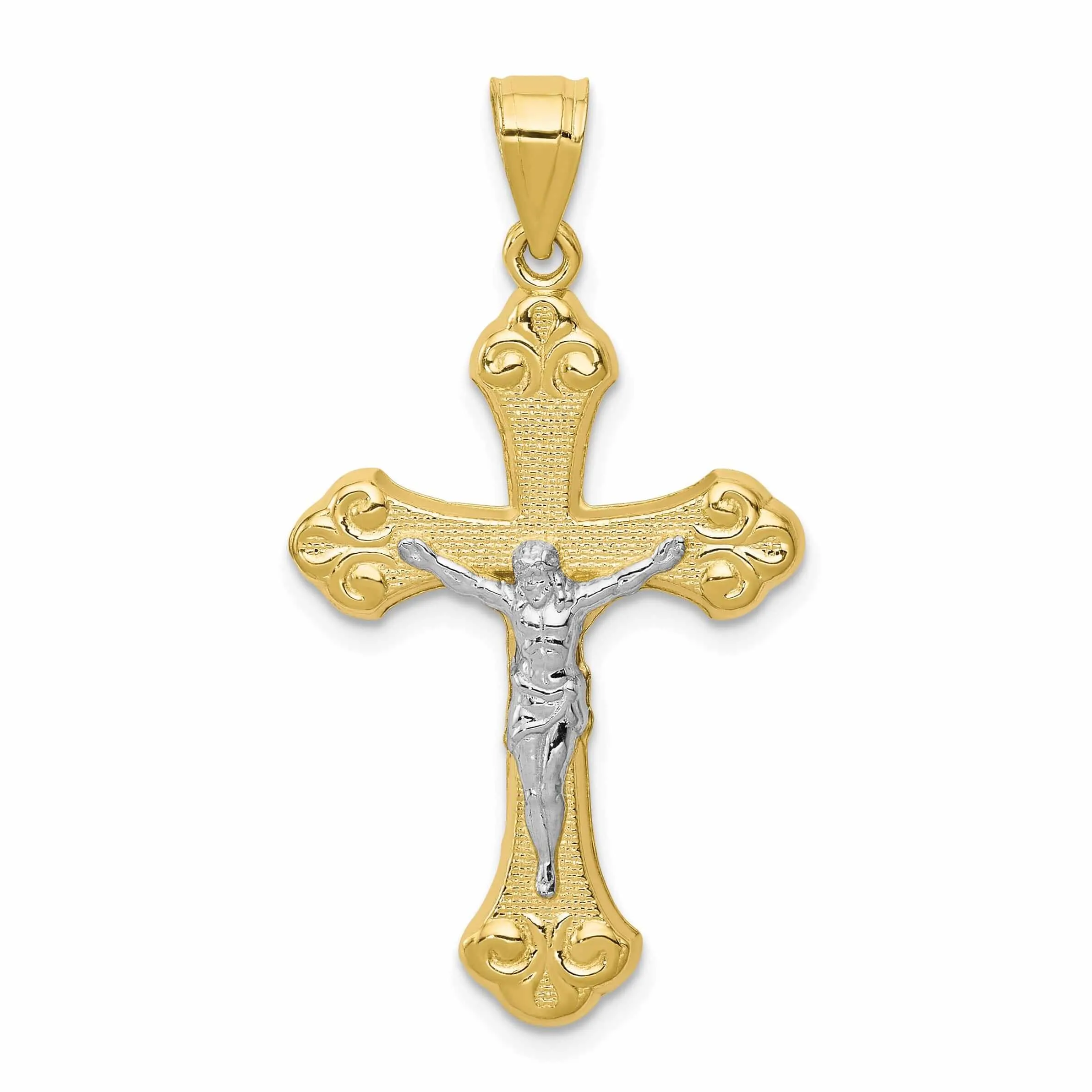 10k Yellow Rhodium Gold Textured Polished Crucifix