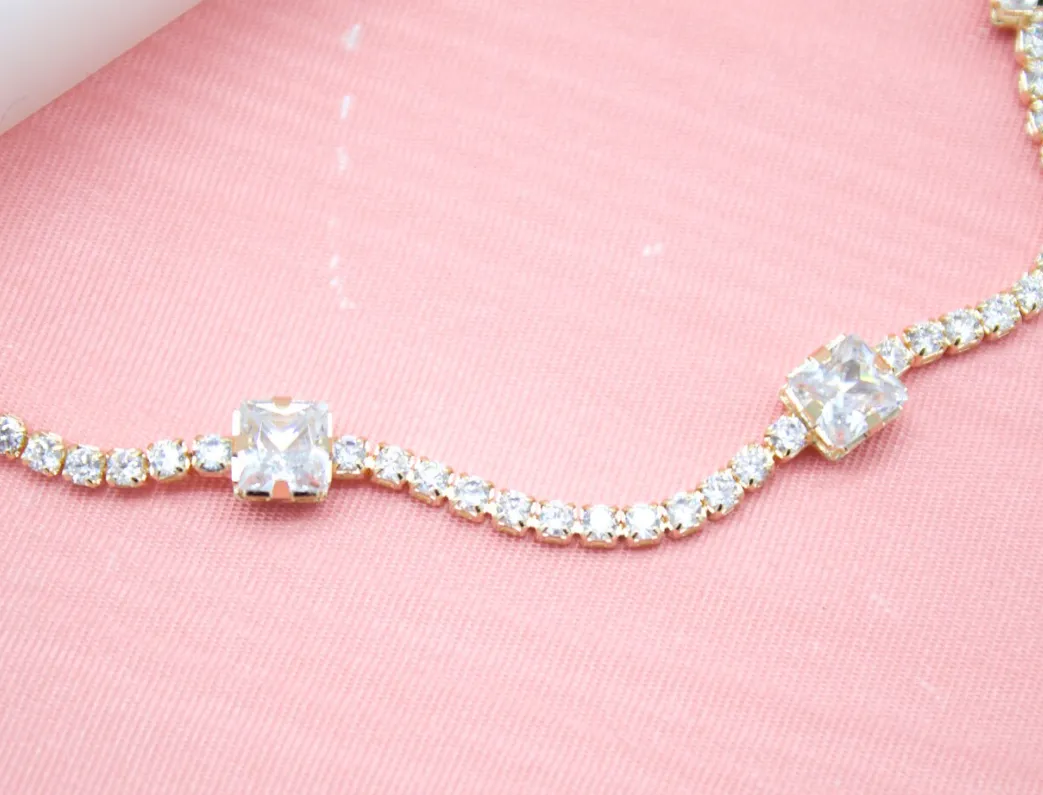 18k Gold Filled Chain With Round And Square Clear CZ Cubic Zirconia Stones