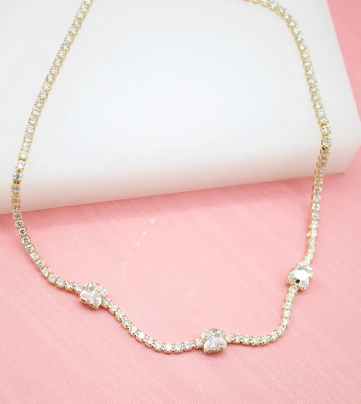 18k Gold Filled Chain With Round And Square Clear CZ Cubic Zirconia Stones
