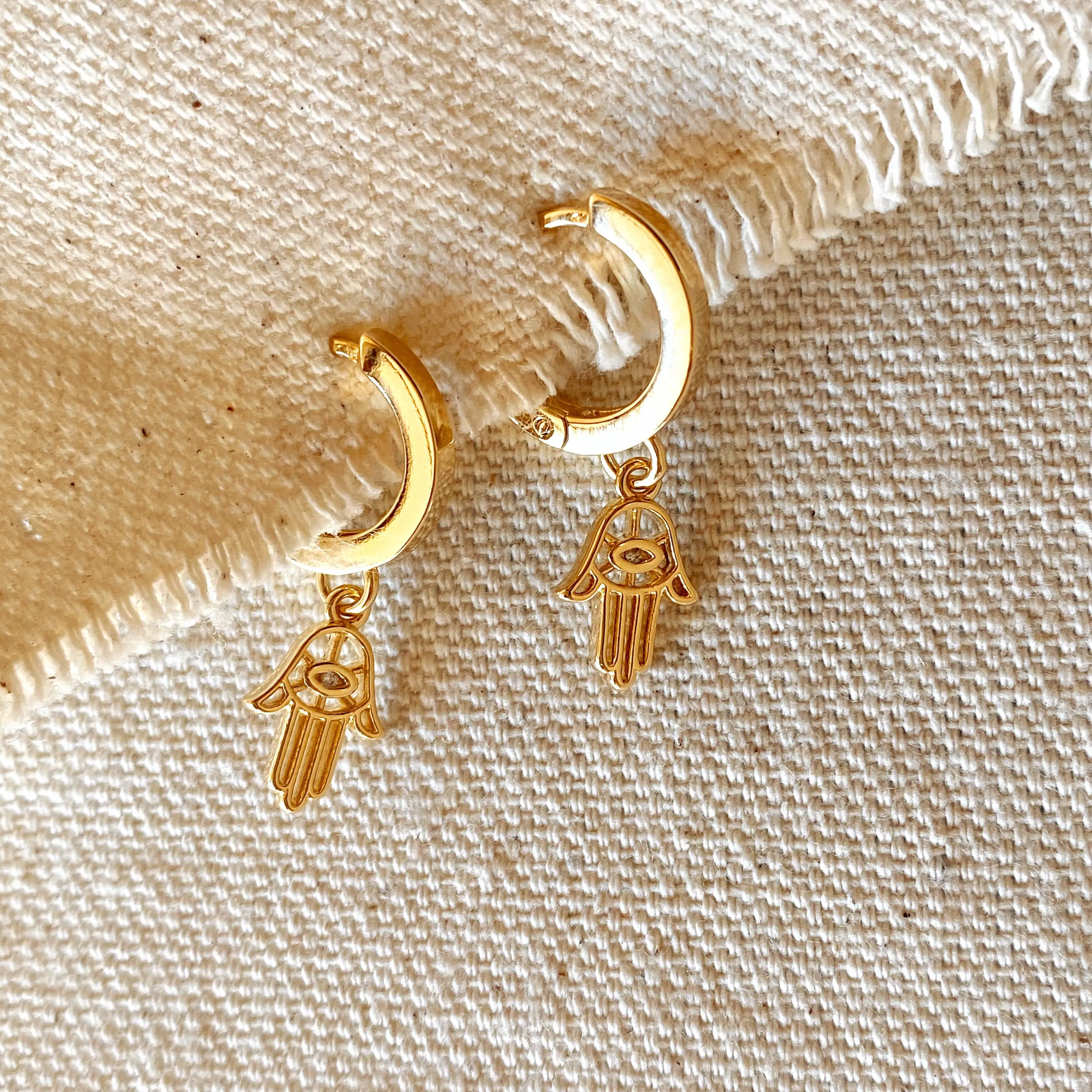 18k Gold Filled Hoop Earrings with Hamsa Amulet Charm