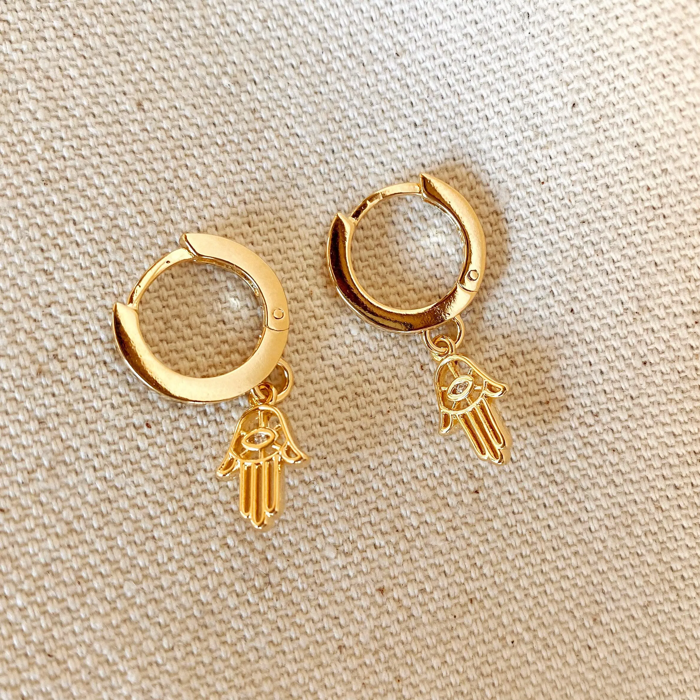 18k Gold Filled Hoop Earrings with Hamsa Amulet Charm