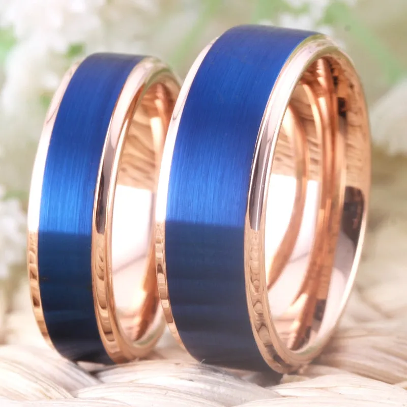 Brushed Blue and Rose Gold Tungsten Wedding Ring Set