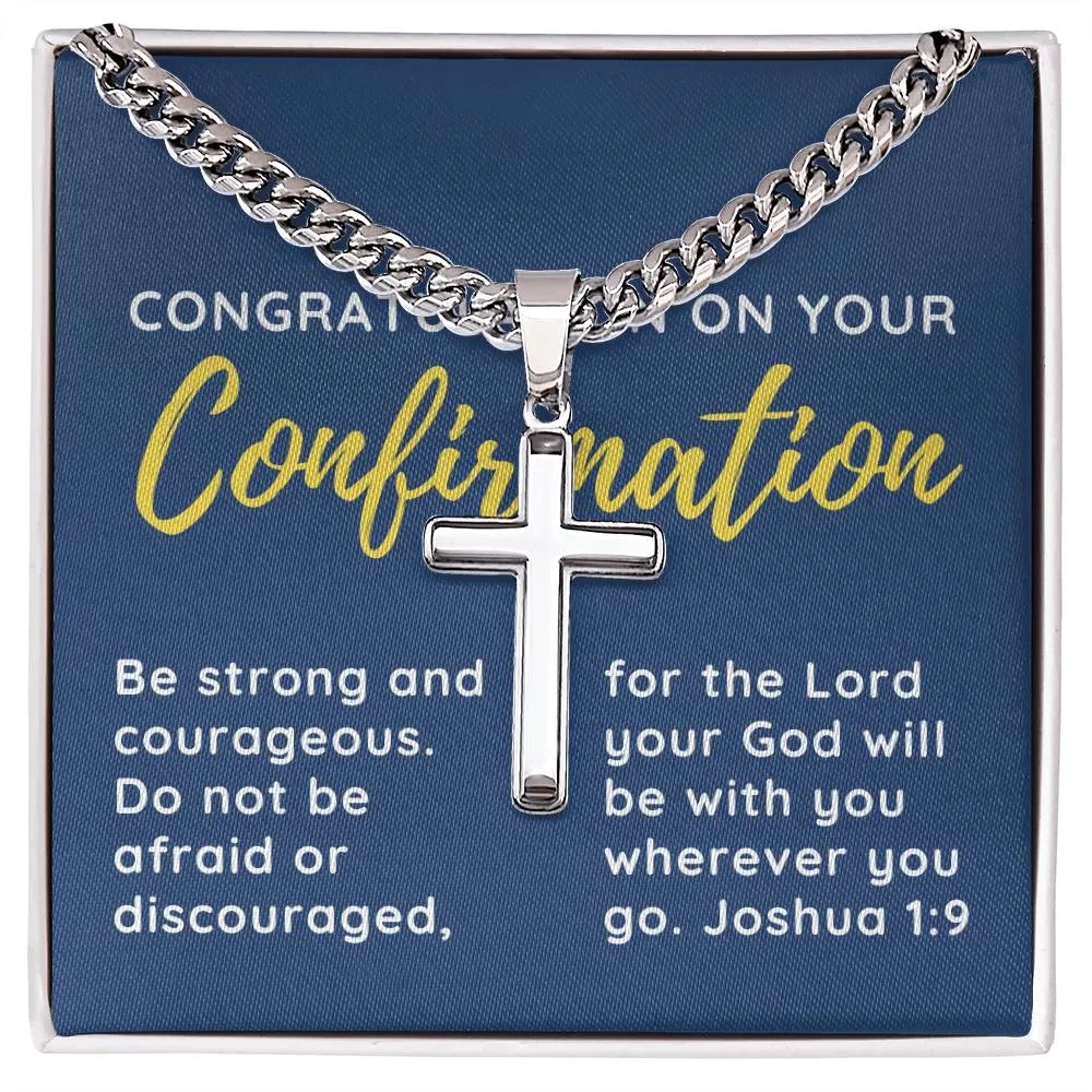 Confirmation Gift for Him, May Be Strong and Courageous Stainless Steel Men Cross Necklace on Cuban Chain