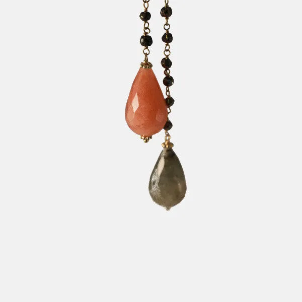 Gold-Dipped Lariat Jasper Labradorite Tassel Necklace 40 inch