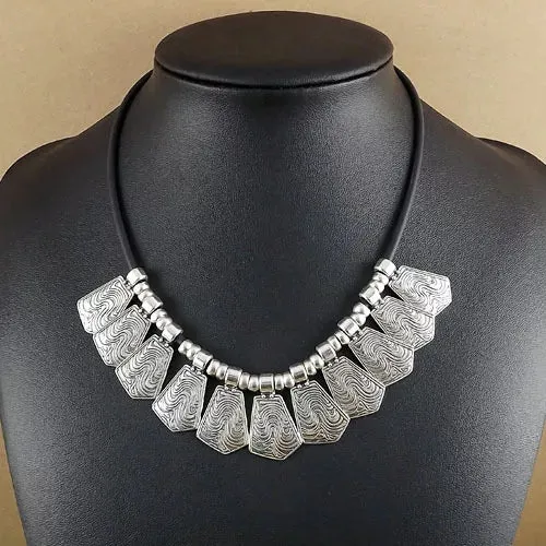 Gypsy Waves Vintage Silver Leather Choker Statement Necklace