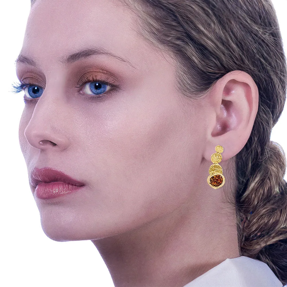 Handmade Gold Plated Stud Earrings Irregular Circles With Carnelian Crystals