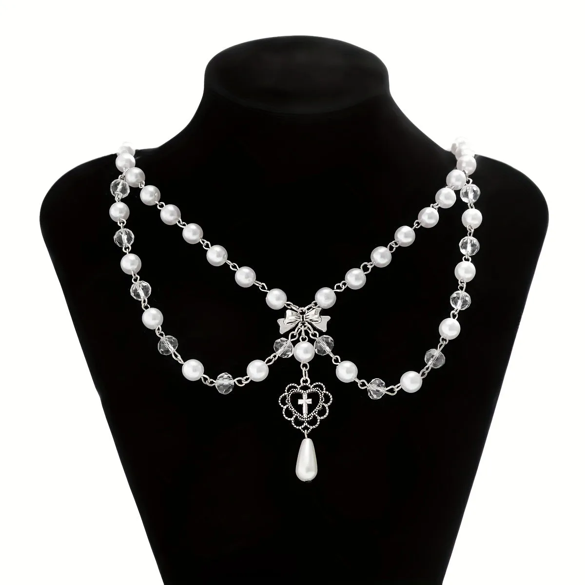 Hollow Out Bow Design Necklace Y2K Faux Pearl Necklace Vintage Tassel Multilayer Necklace For Women Girls