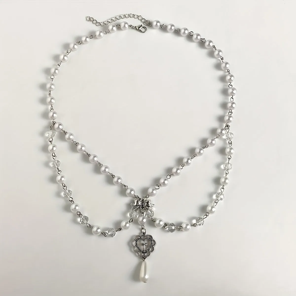 Hollow Out Bow Design Necklace Y2K Faux Pearl Necklace Vintage Tassel Multilayer Necklace For Women Girls