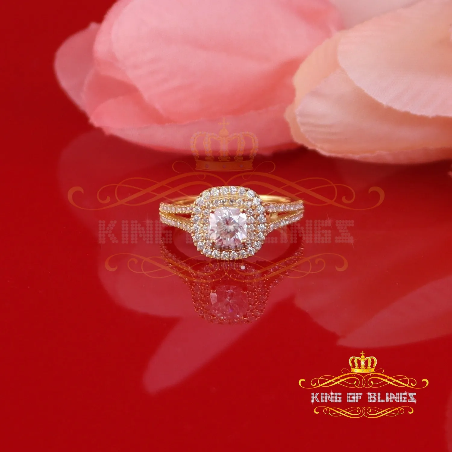 King Of Blings  10K Yellow Gold 2.00CT 'VVS' 'FL' D clr Cushion Cut Moissonite Womens Ring S/7