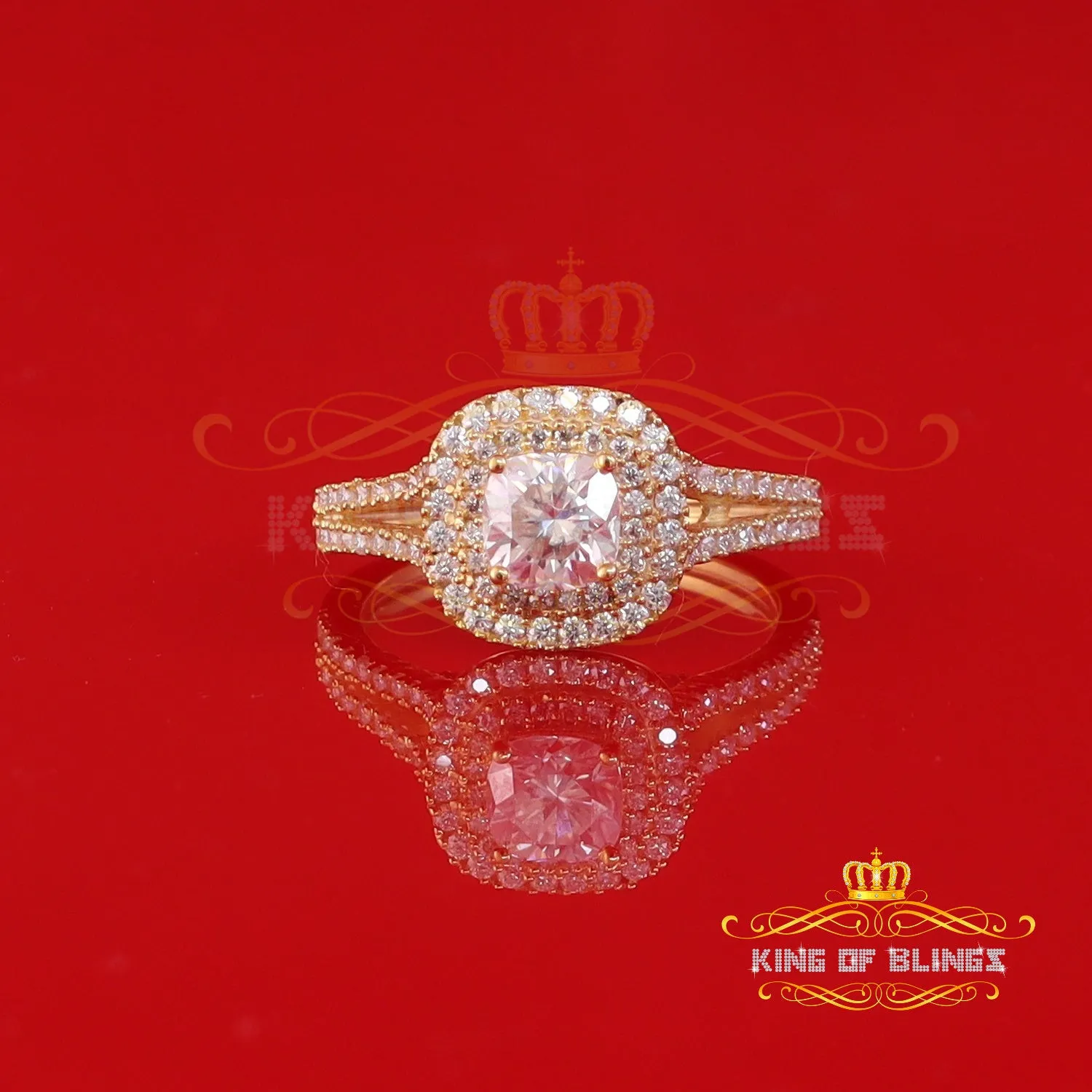 King Of Blings  10K Yellow Gold 2.00CT 'VVS' 'FL' D clr Cushion Cut Moissonite Womens Ring S/7