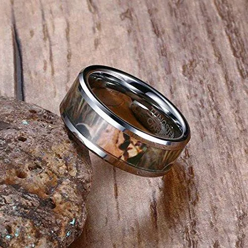 Men 8mm Tungsten Carbide Ring Silver Camouflage Hunting Camo Sport Fashion Wedding Engagement Band