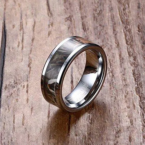 Men 8mm Tungsten Carbide Ring Silver Camouflage Hunting Camo Sport Fashion Wedding Engagement Band