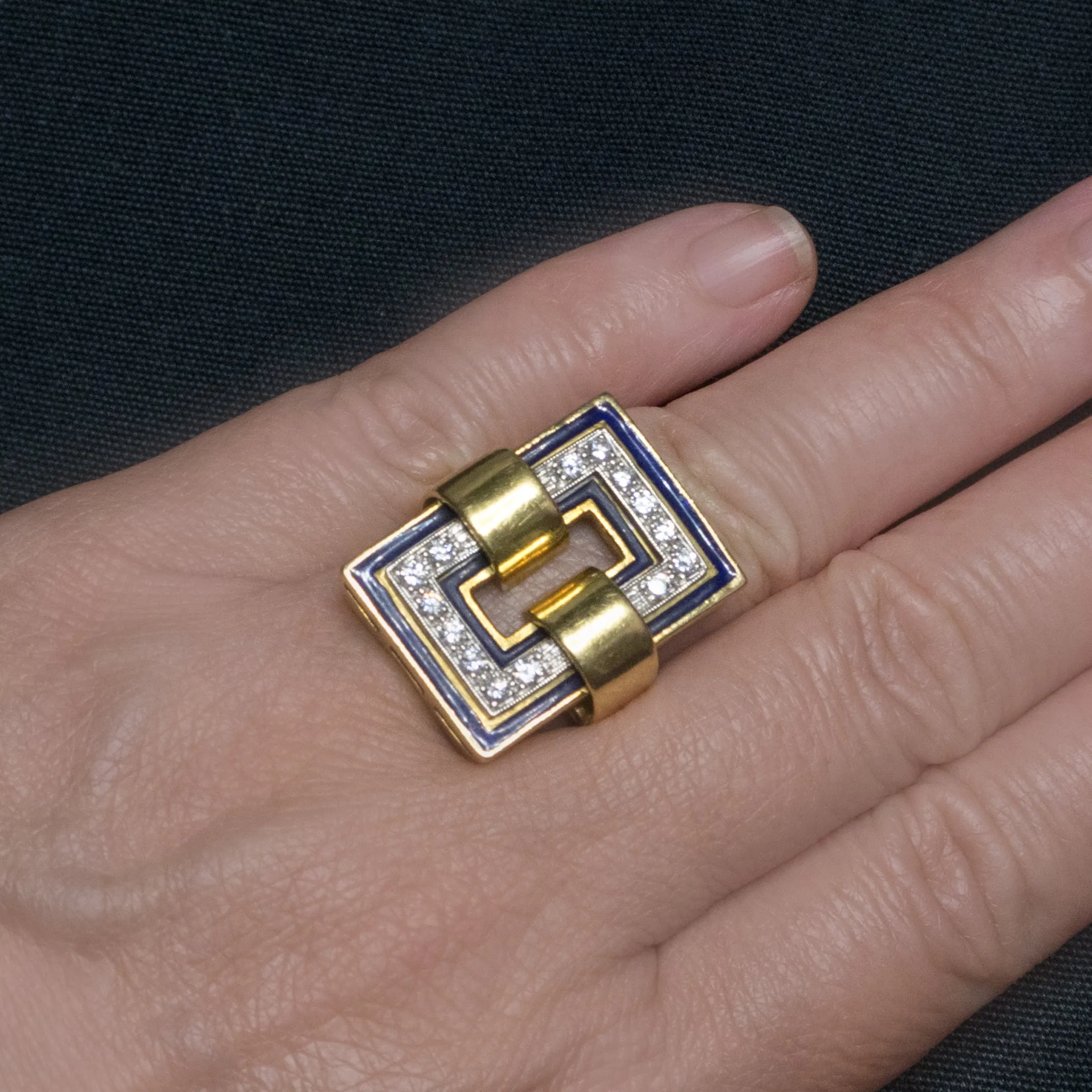 Modern 18K Gold Ring with Black Enamel and Diamonds
