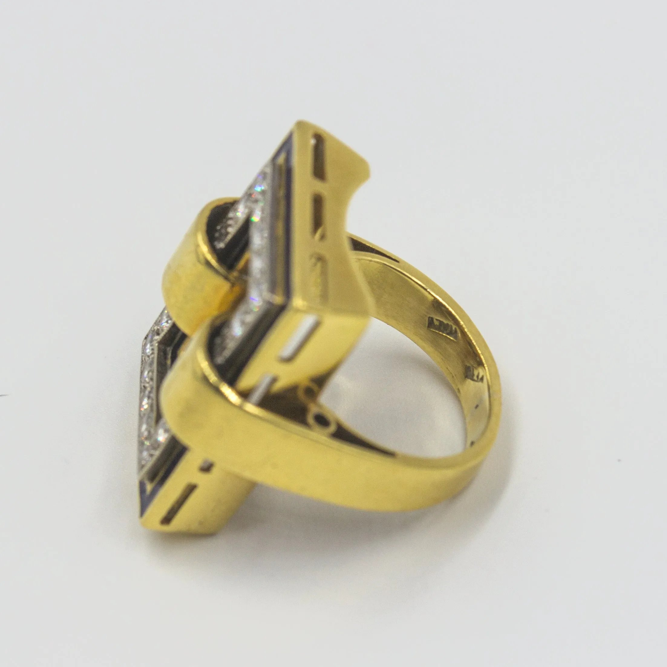Modern 18K Gold Ring with Black Enamel and Diamonds