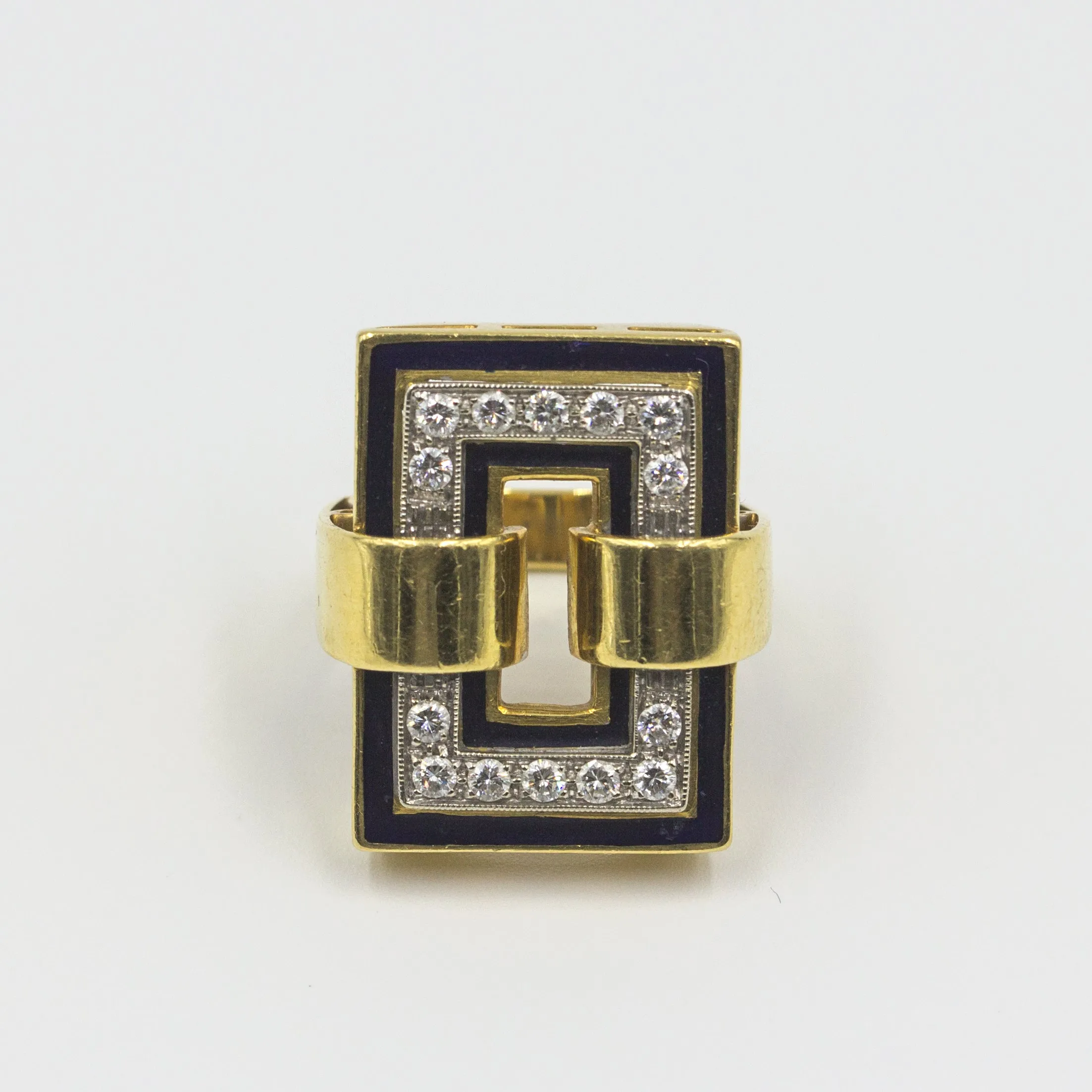Modern 18K Gold Ring with Black Enamel and Diamonds