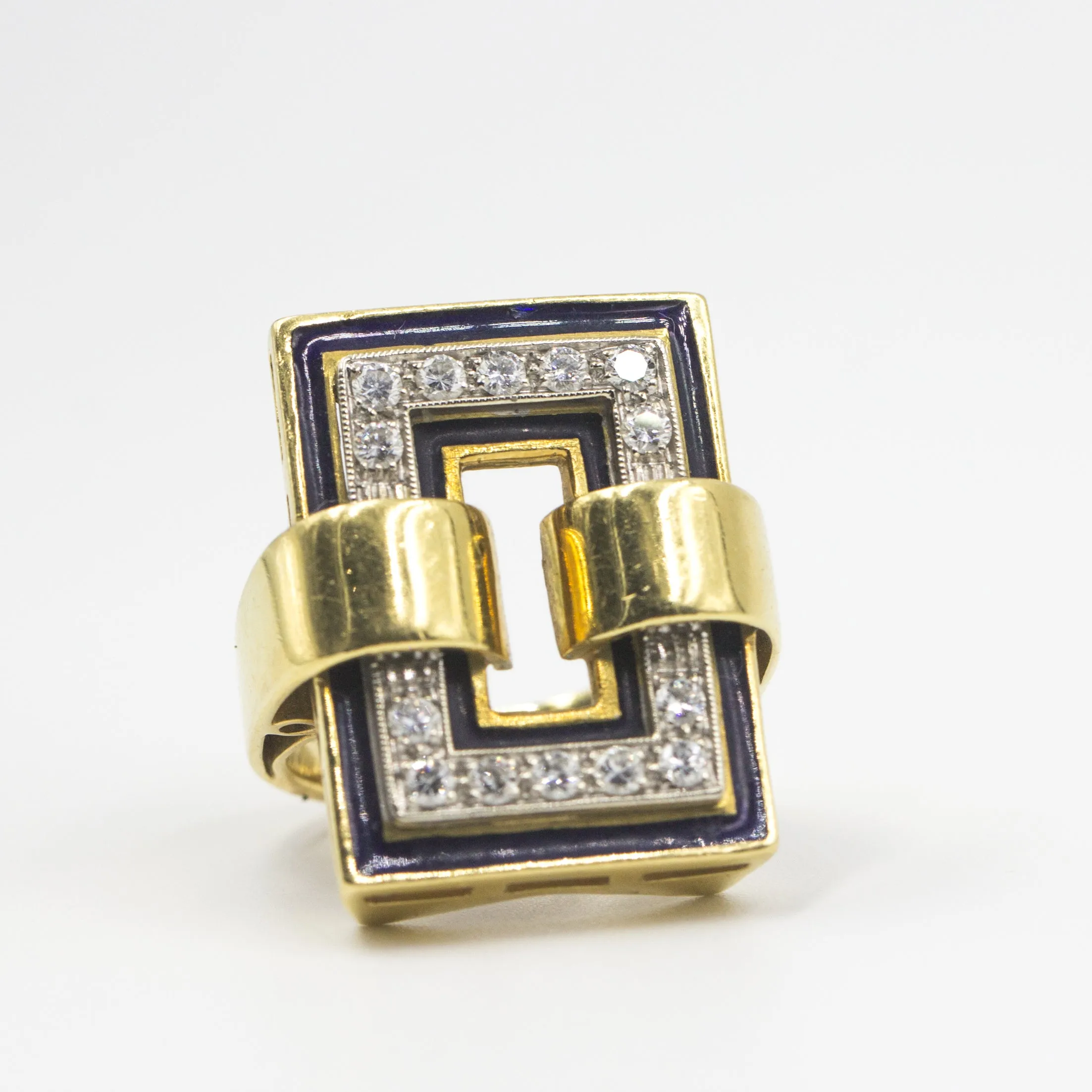 Modern 18K Gold Ring with Black Enamel and Diamonds