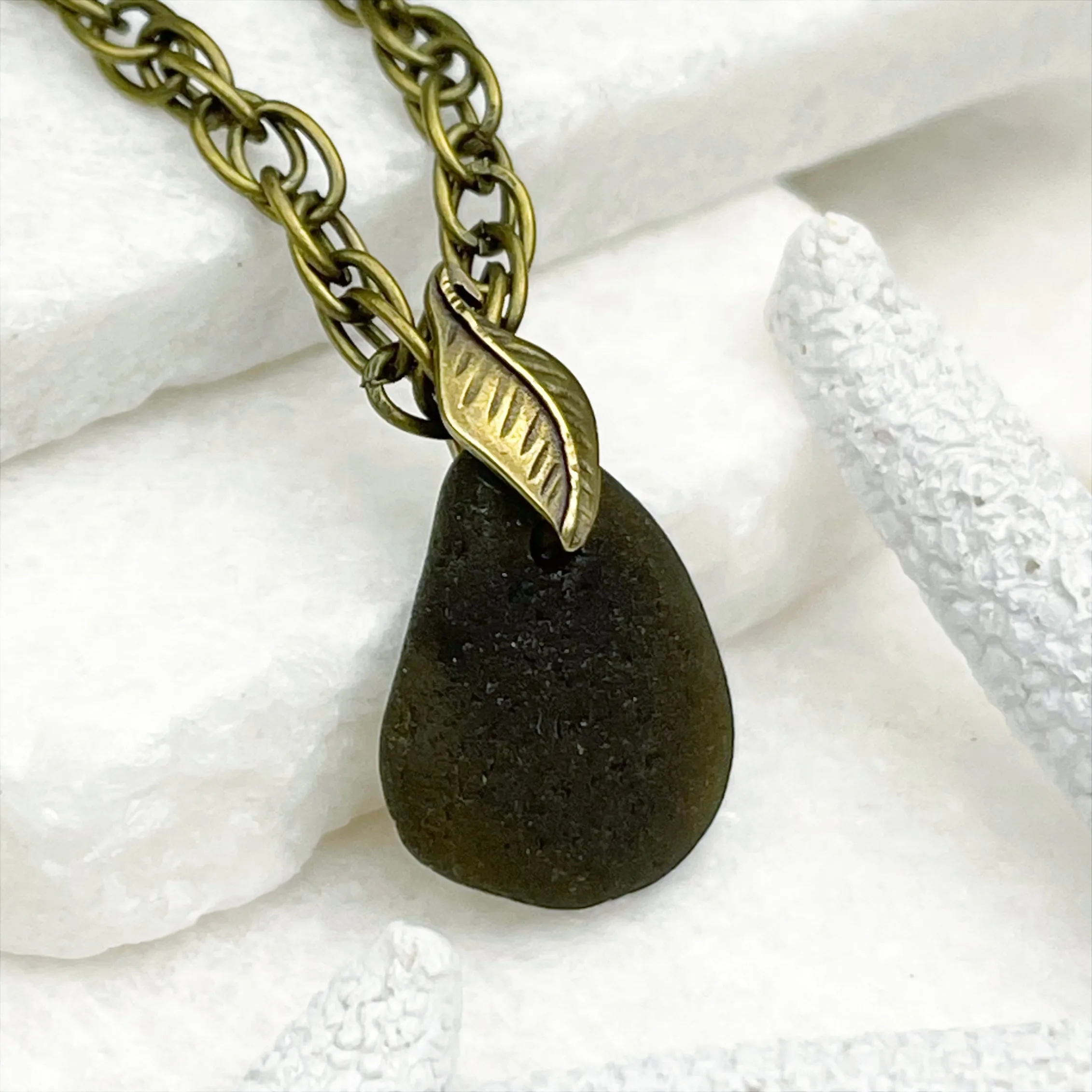 Olive Black Sea Glass Pendant with a Bronze Leaf Bail | #5046