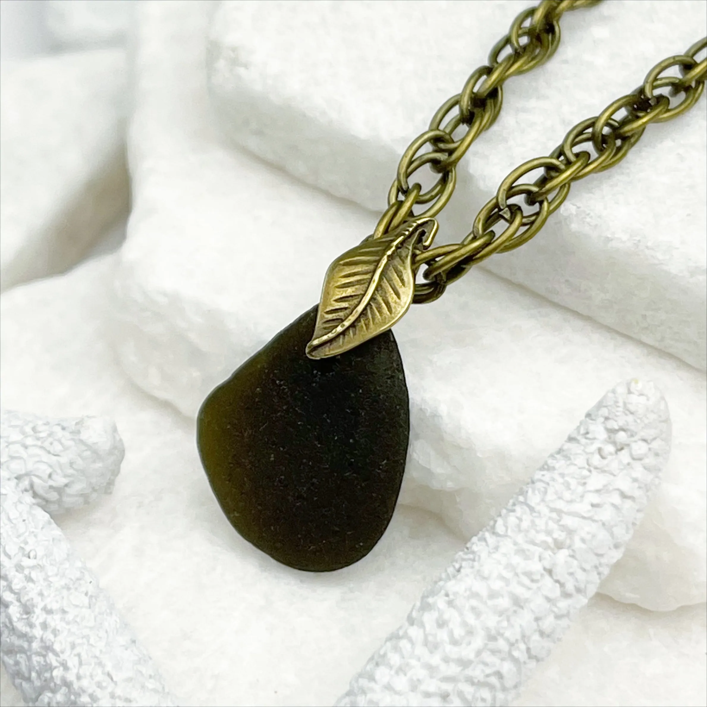 Olive Black Sea Glass Pendant with a Bronze Leaf Bail | #5046