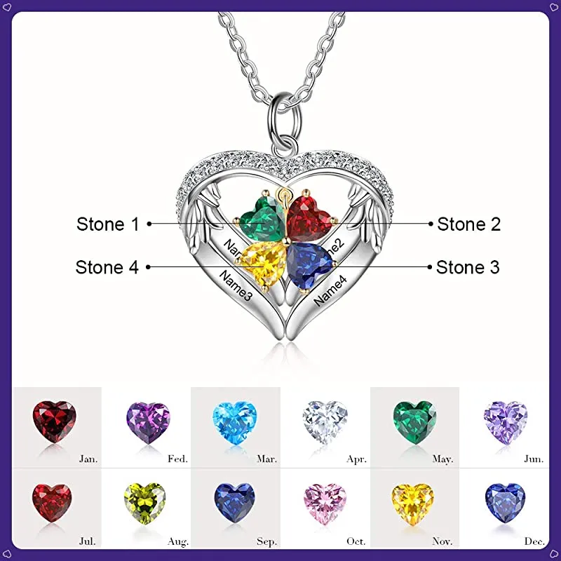 Personalized Sterling Silver Birthstone Name Heart Shaped Pendant Necklace for Her Mother Necklace
