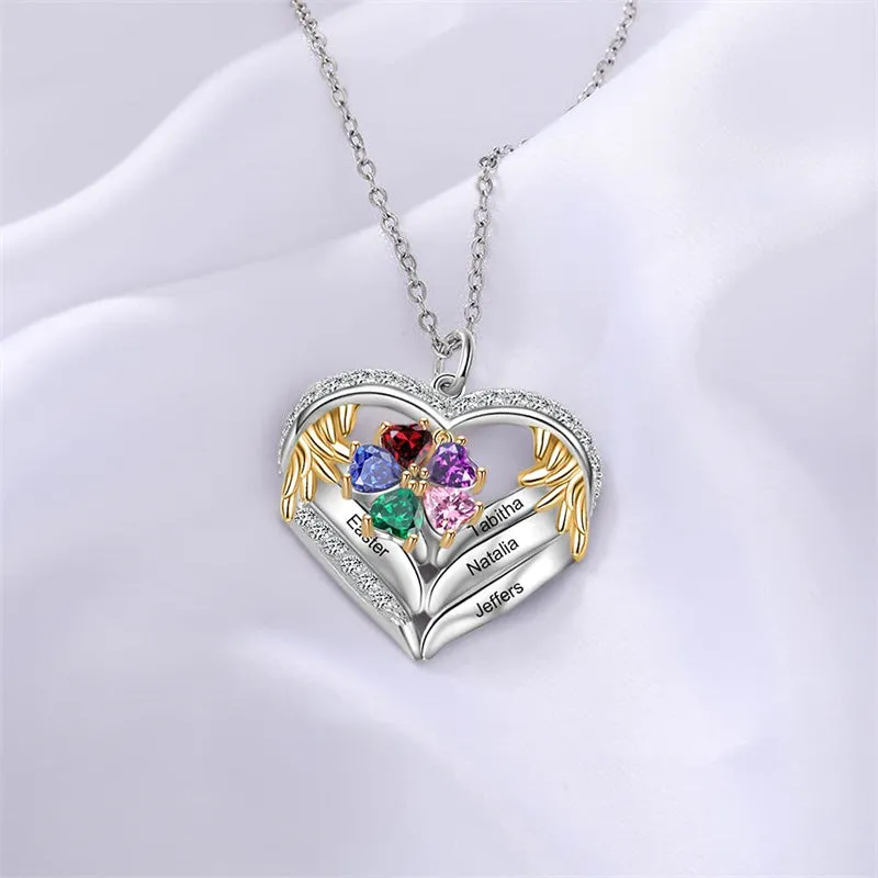Personalized Sterling Silver Birthstone Name Heart Shaped Pendant Necklace for Her Mother Necklace
