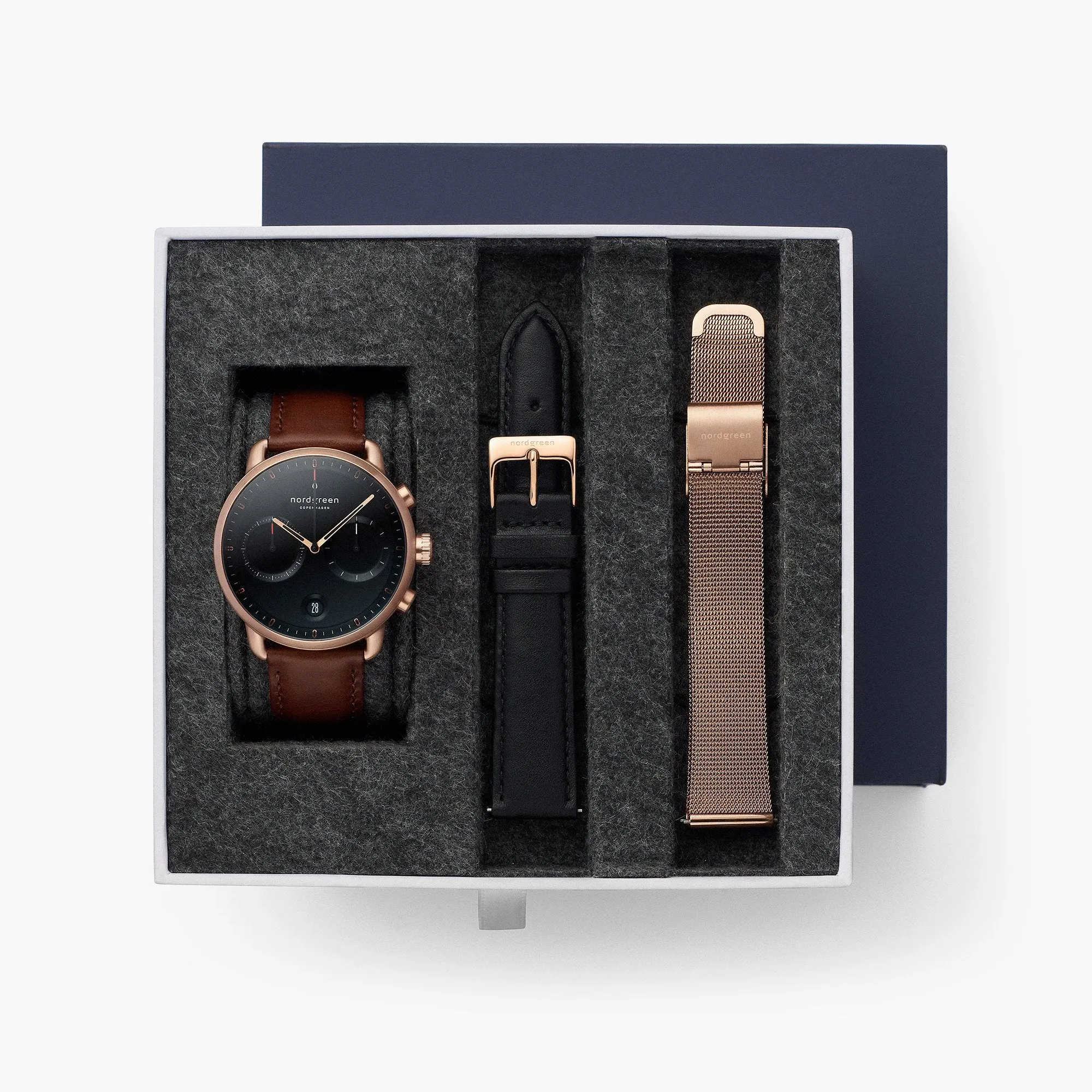 Pioneer - BUNDLE Black Dial Rose Gold | Brown Leather / Black Leather / Rose Gold Mesh Strap