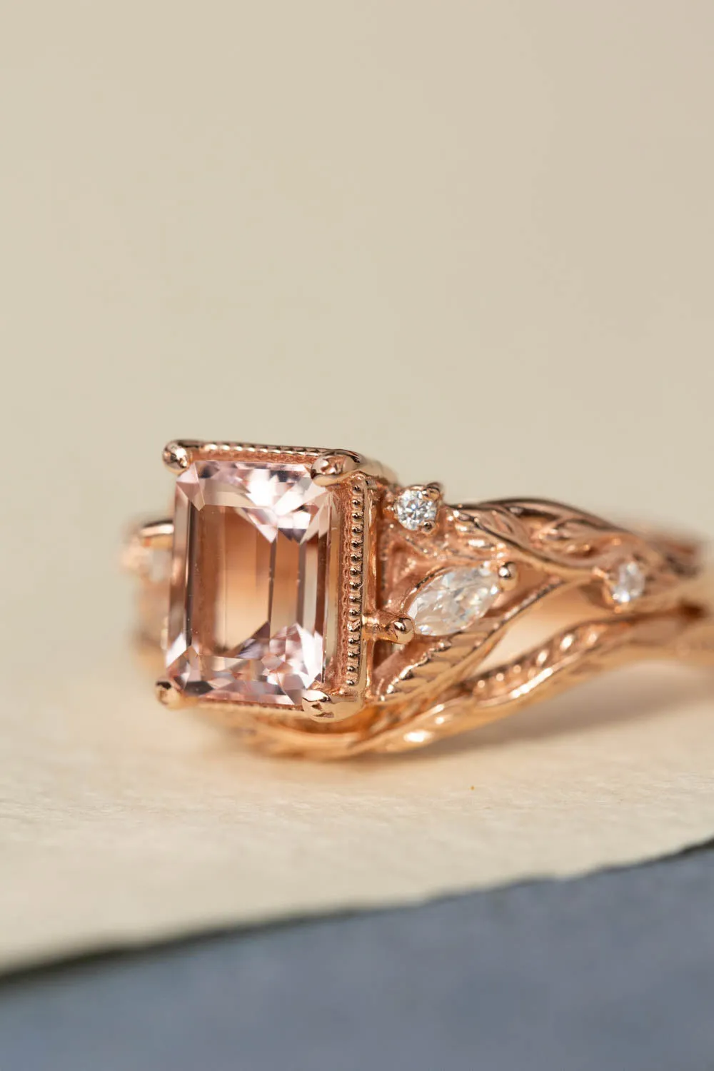 READY TO SHIP: Patricia ring in 14K rose gold, natural morganite emerald cut 8x6 mm, accent moissanites, AVAILABLE RING SIZES: 6-8US