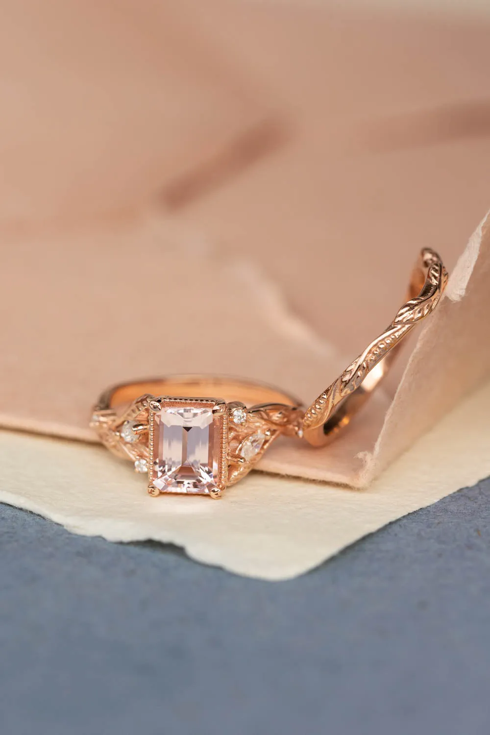 READY TO SHIP: Patricia ring in 14K rose gold, natural morganite emerald cut 8x6 mm, accent moissanites, AVAILABLE RING SIZES: 6-8US