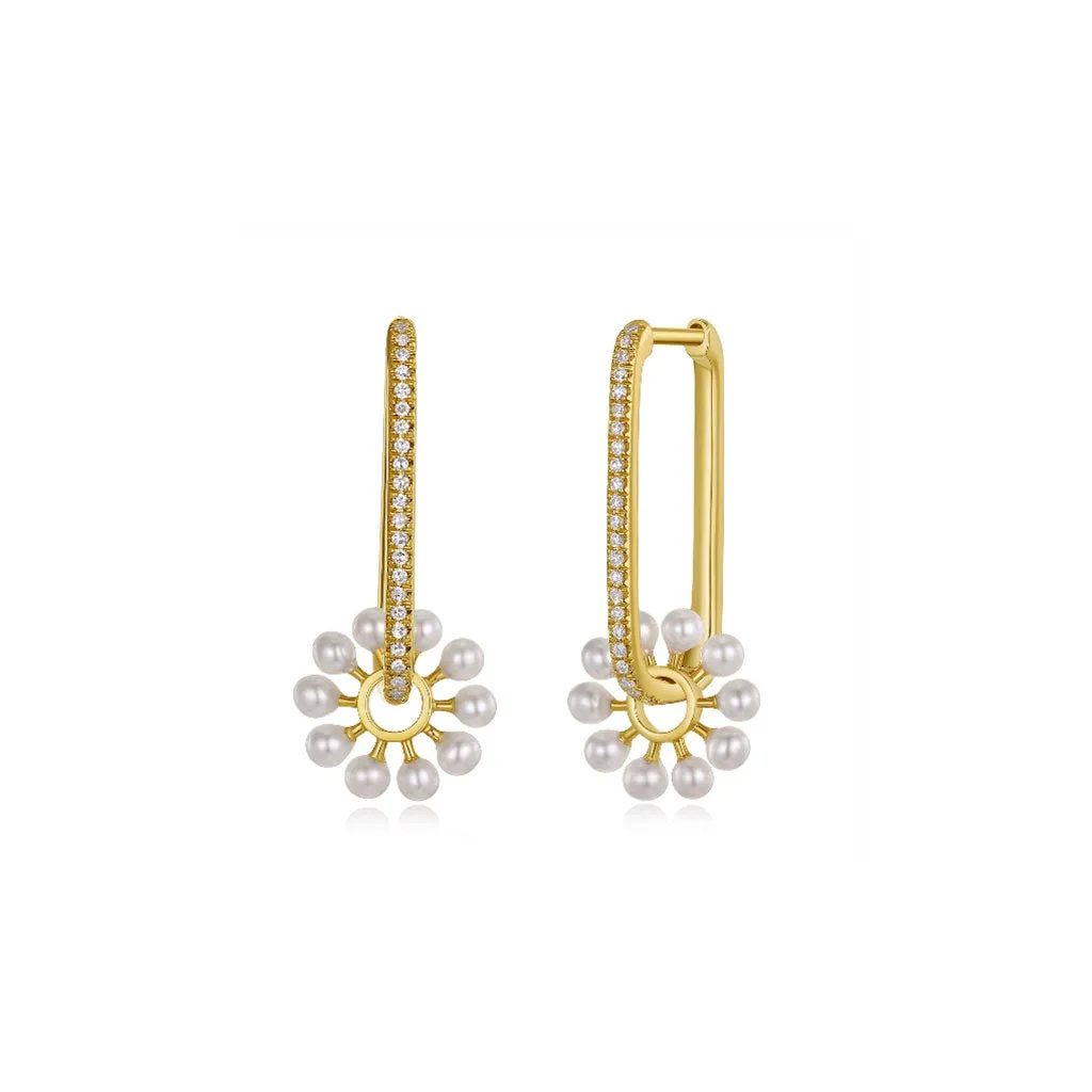 Rectangular Hoop Earrings with Pearl Flower Charm