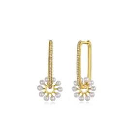 Rectangular Hoop Earrings with Pearl Flower Charm
