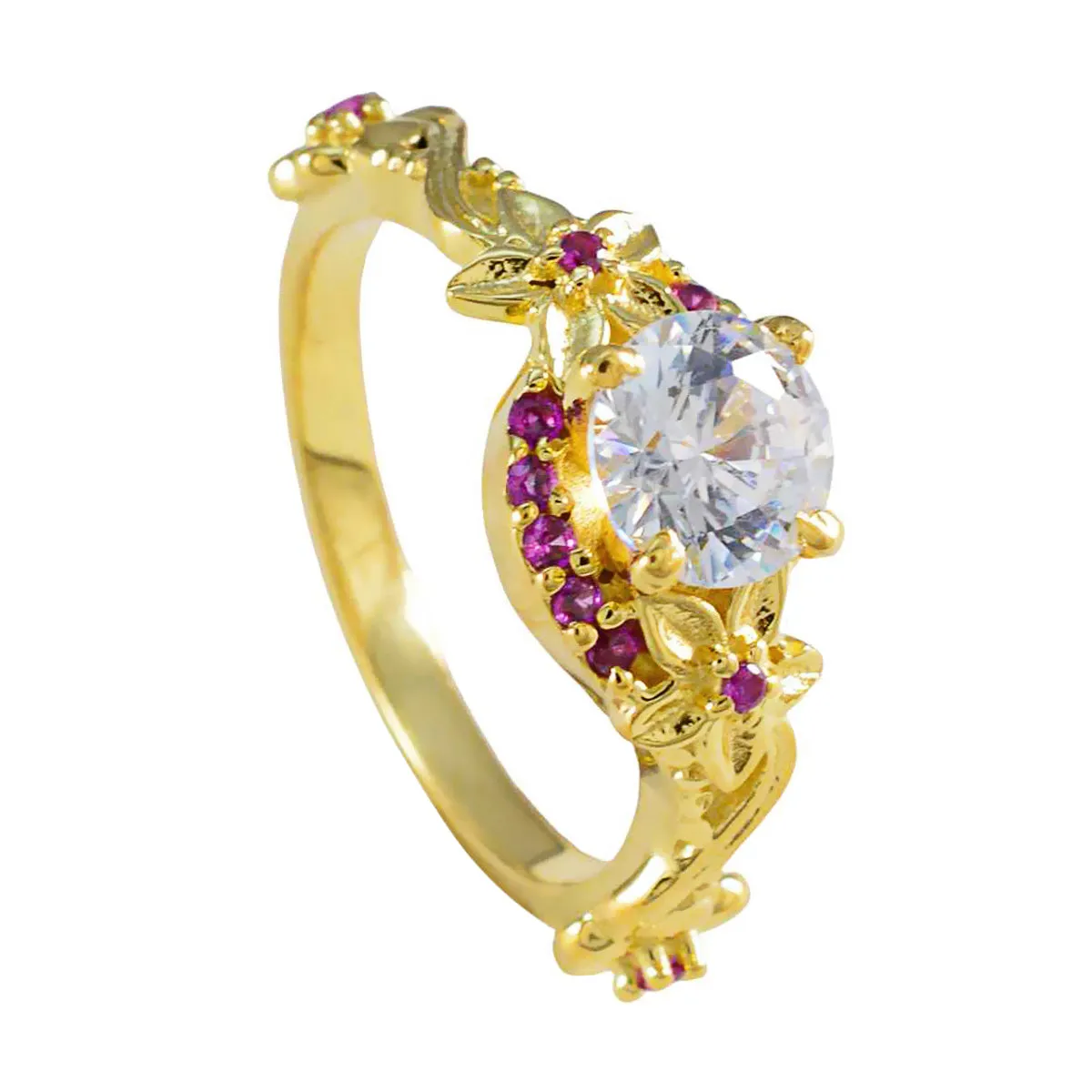 Riyo Beautiful Silver Ring With Yellow Gold Plating Ruby CZ Stone Round Shape Prong Setting Fashion Jewelry Wedding Ring