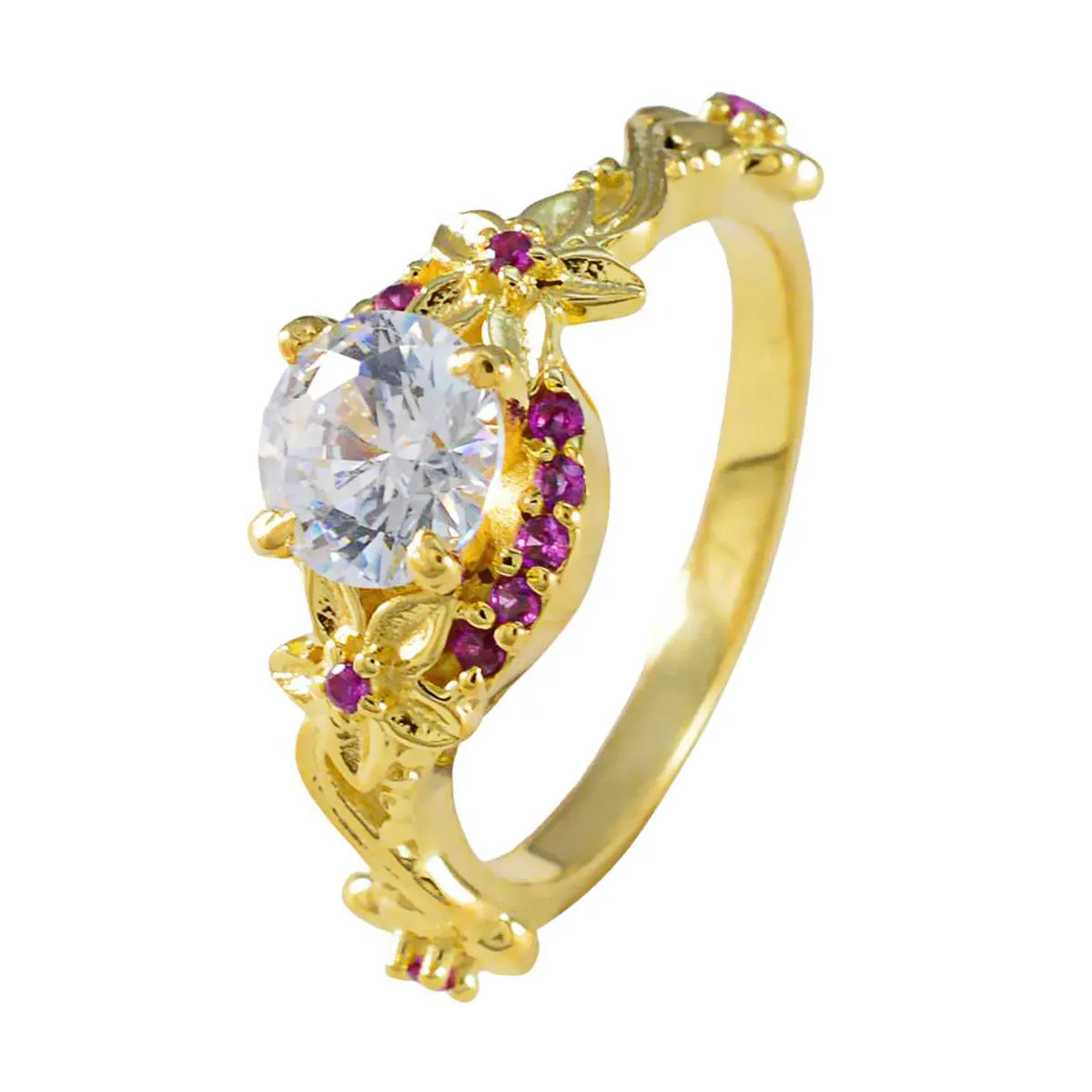 Riyo Beautiful Silver Ring With Yellow Gold Plating Ruby CZ Stone Round Shape Prong Setting Fashion Jewelry Wedding Ring