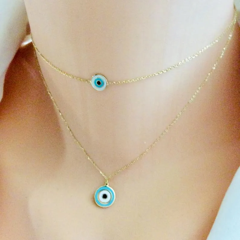 Solid Gold 18K Dainty Minimalist Evil Eye Enamel Pendant Collar Necklace 12 3/4Inches