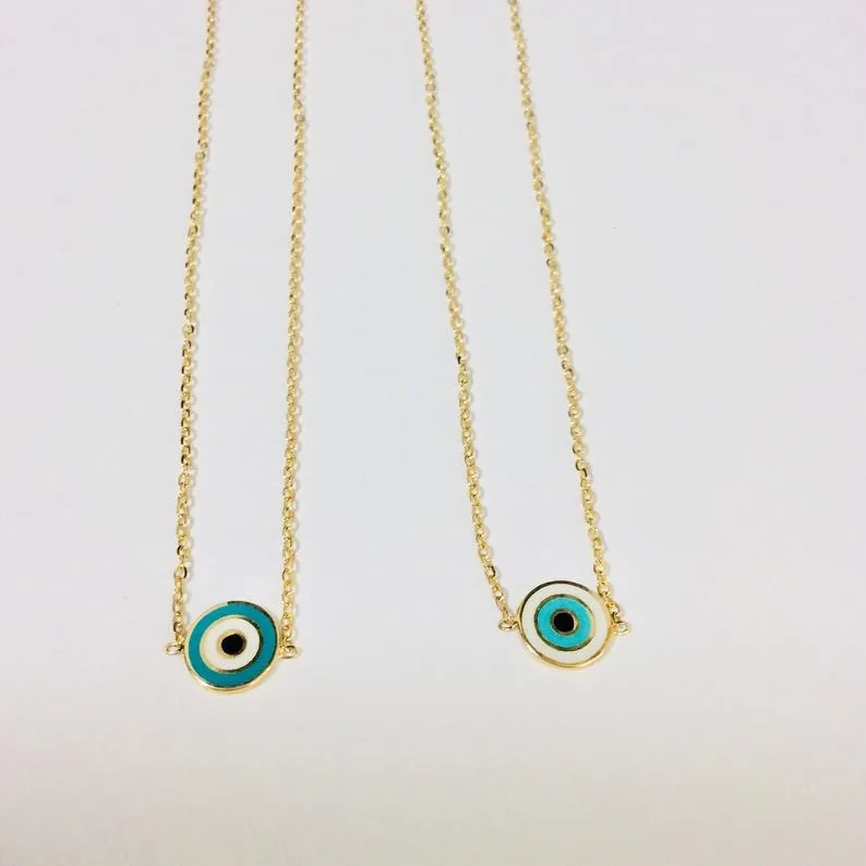 Solid Gold 18K Dainty Minimalist Evil Eye Enamel Pendant Collar Necklace 12 3/4Inches
