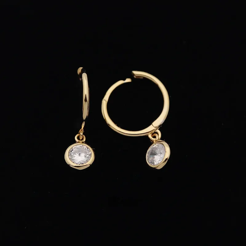 Sterling Silver Huggie Hoop Earrings with Dangle Round CZ - Gold