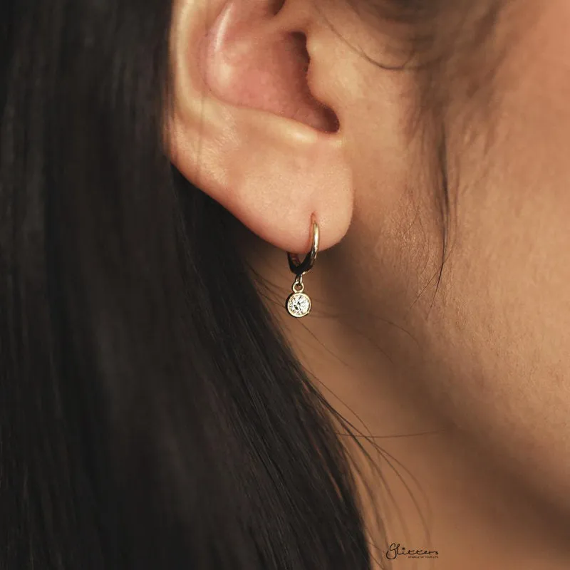 Sterling Silver Huggie Hoop Earrings with Dangle Round CZ - Gold