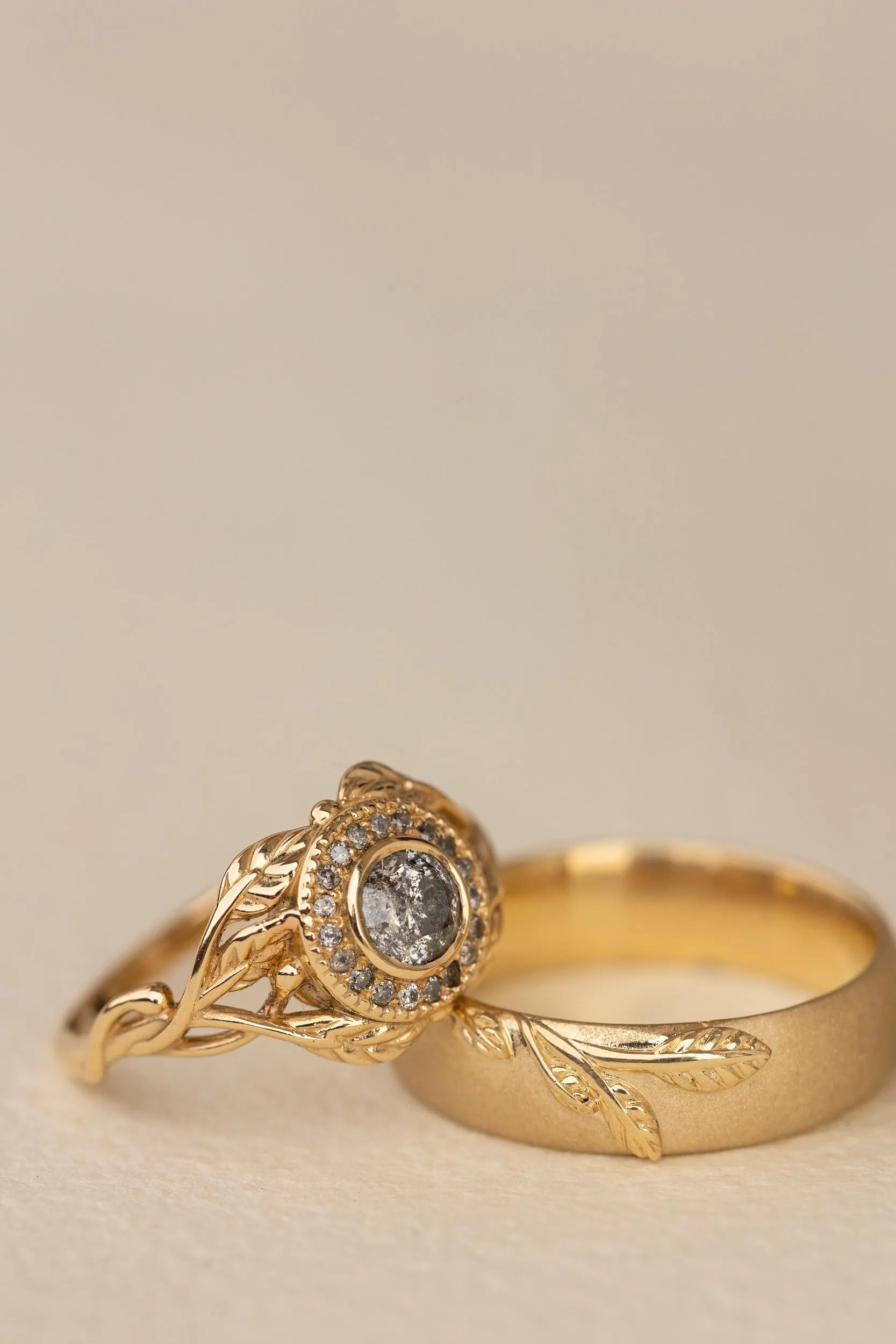 Wedding rings set for couple: satin wedding band for him, Tilia ring with natural salt and pepper diamonds for her