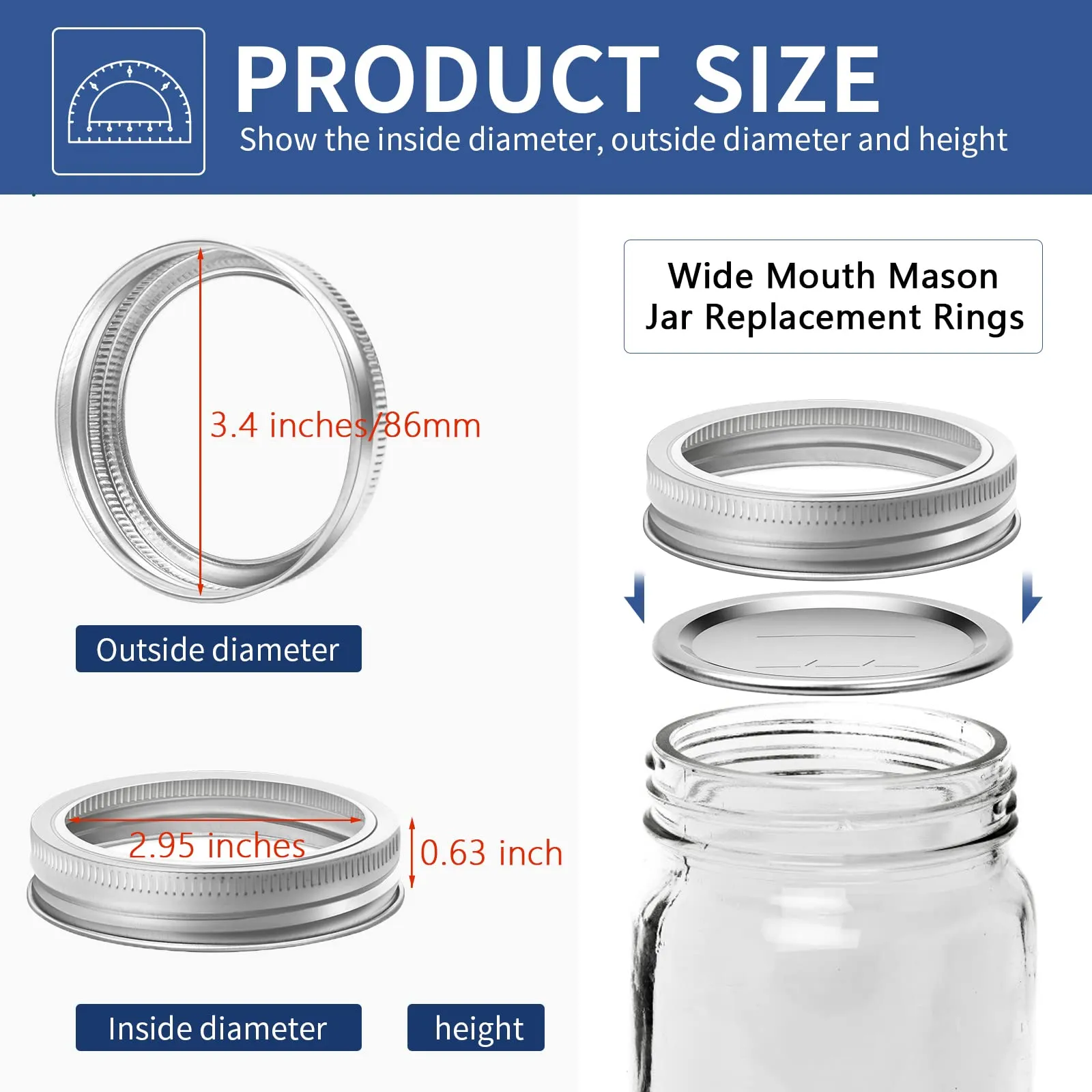Wide-Mouth 86mm Canning Rings for Glass Mason Jars- 48 Pack