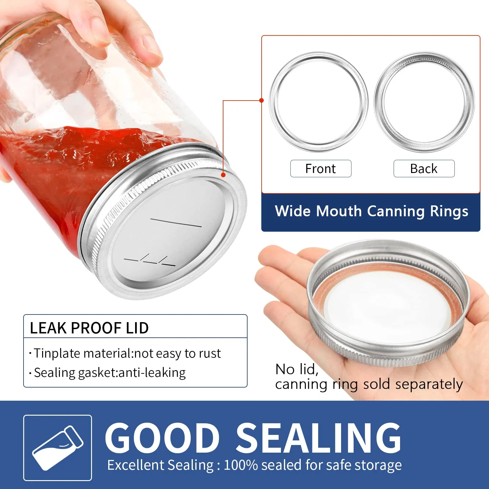 Wide-Mouth 86mm Canning Rings for Glass Mason Jars- 48 Pack